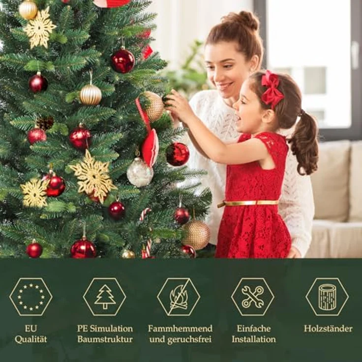 SALCAR 180cm Künstlicher Weihnachtsbaum Premium, Nordmanntanne mit Holzständer, Realistische PE+PVC Tannenbaum, Einfacher Aufbau für Ihre Weihnachtsdekoration – Bild 6