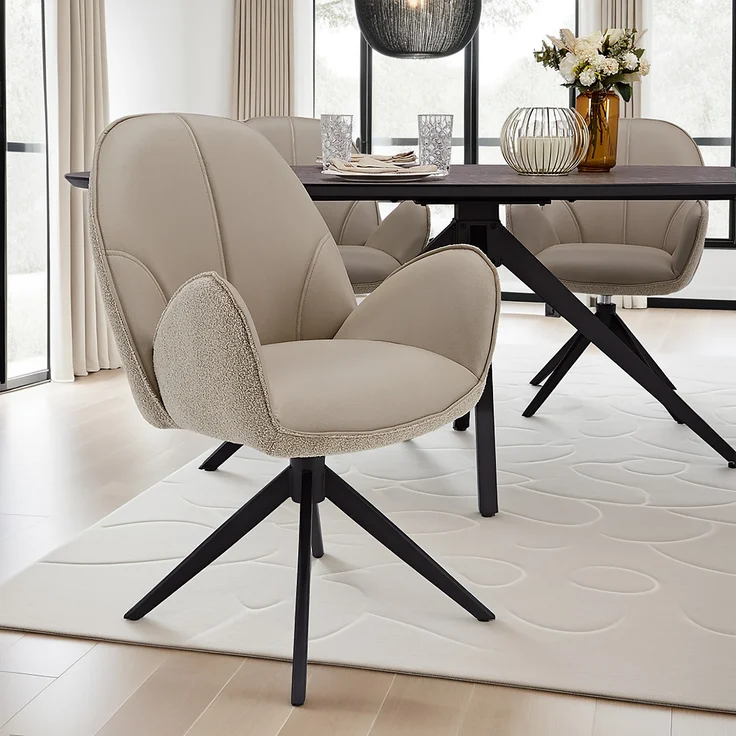 Esszimmerstuhl Drehbar Polsterstuhl mit Armlehne Bouclé Leder Beige Drehstuhl Esszimmer Sessel Modern Armlehnenstuhl – Bild 2