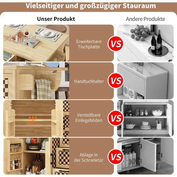 Kücheninsel Küchenwagen Klapptisch MDF Metall Schubladen Fächer Holzoptik Schachbrettmuster mobil rustikal – Bild 5
