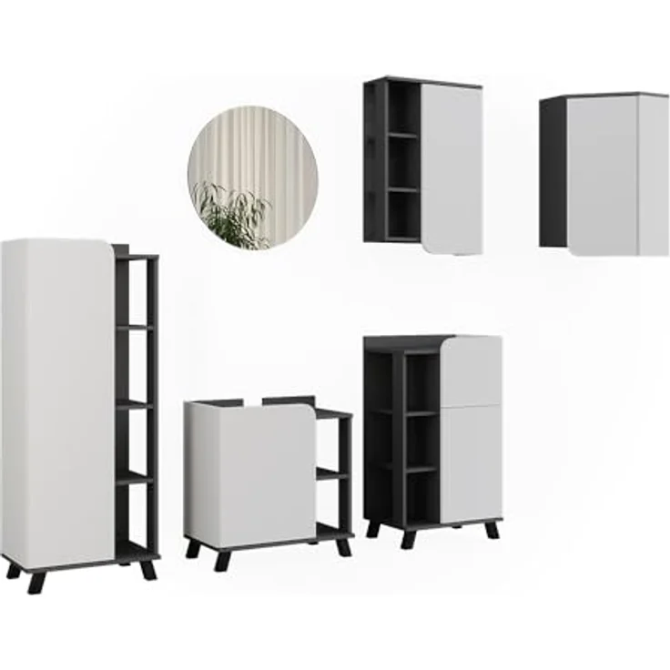 Vichy Badmöbelset Karen, 5-teilig, anthrazit/weiß, inkl. Waschbeckenunterschrank und Badspiegel mit Ablageflächen – Bild 1