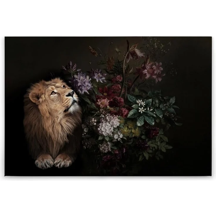 Leinwandbild Löwe Blumen Schwarz Beige 90x60 DD120388 Keilrahmen Wandbild Rot – Bild 7