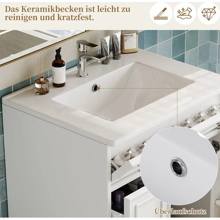 Waschtisch 61 x 47 x 87 cm mit Keramikbecken, Schubladen und Stauraum – Weiß – Bild 7