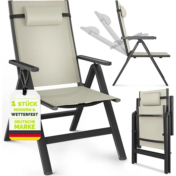tillvex Gartenstuhl Premium 1 Stück Beige klappbar aus Aluminium | Hochlehner mit Armlehnen | Klappstuhl verstellbar | Klappsessel Balkon Garten Terrasse