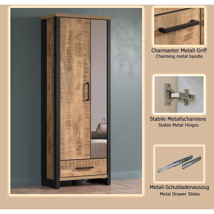 trendteam smart living – Enna – Garderobenschrank – Mango/Schwarz – Schrank mit 2 Türen, 1 Konstruktionsboden und 1 Schublade – (BxHxT) 73 x 195 x 39 cm – ausziehbare Kleiderstange – Bild 8