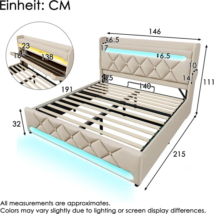 Merax Polsterbett 140*190cm, Doppelbett, Stauraum Kopfteil mit USB und Typ C-Port ,360-Surround-LED-Funktion rund um Kopf- und Fußende des, Leinen, Beige – Bild 4