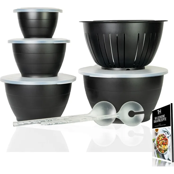 Thiru Salatschüssel 6 Teilig 0,6L/1,3L/2,5L/4,4L - mit Deckel, Seiher, Salatbesteck, (6-tlg), Spülmaschinenfest