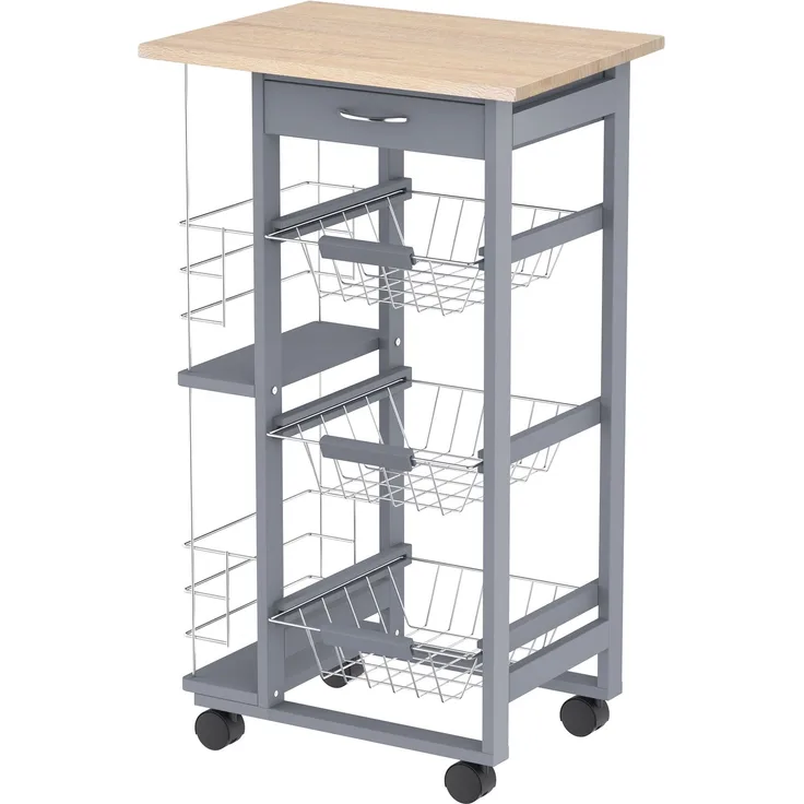 MELAYR, Hilfswagen mit Rollen, Küchenwagen mit 3 Metallkörben, Schublade, 2 Gewürzregalen, 47 x 37 x 83 cm, Grau