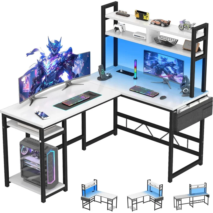 Devoko Schreibtisch l Form Gaming Tisch mit LED,155x100 cm Eckschreibtisch Gaming Schreibtisch mit 2 Steckdosen und 2 USB-Anschlüssen, Computertisch mit Aufbewahrung, Rahmen aus Stahl