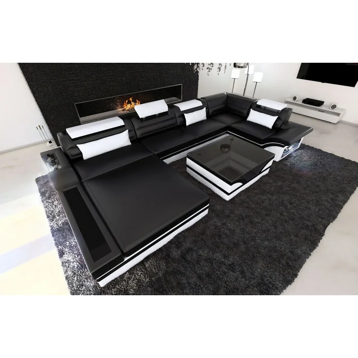 Mini Luxus-Wohnlandschaft Mezzo mit LED-Beleuchtung - Büffelleder - Schwarz-Weiß - Links – Bild 6