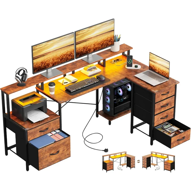 IRONCK Schreibtisch L Form Gaming Tisch mit LED & Steckdosen 2AC+1USB+1C, 189x100 cm Eckschreibtisch mit 6 Schubladen&Monitorständer, Reversible Computertisch mit Stauraum für Home Office Vintage-braun