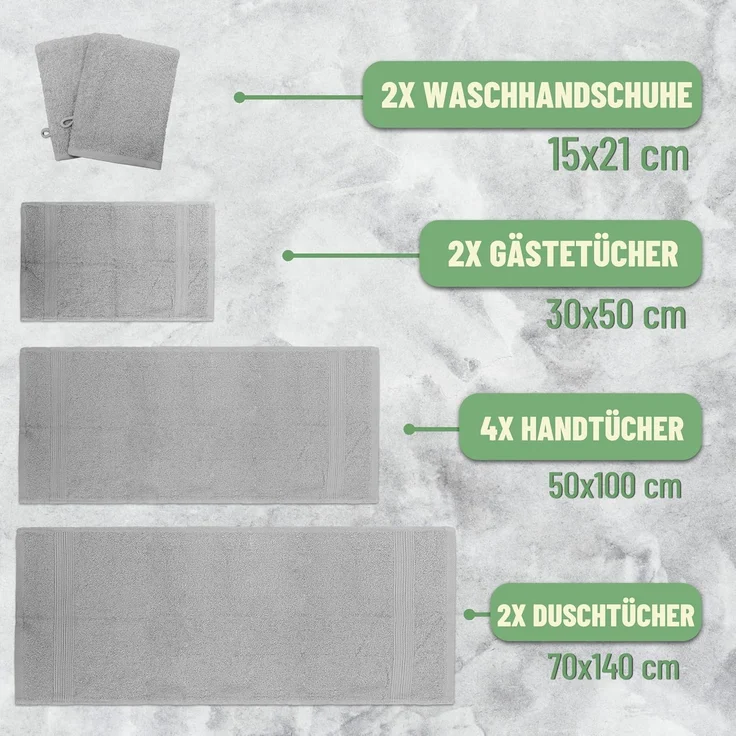 Green Mark Handtuch-Set mit 10 Teilen – 100% Baumwolle – 4 Handtücher 50×100 cm, 2 große Duschtücher 70×140 cm, 2 Gästetücher 30×50 cm und 2 Waschhandschuhe – Silbergrau – Bild 2