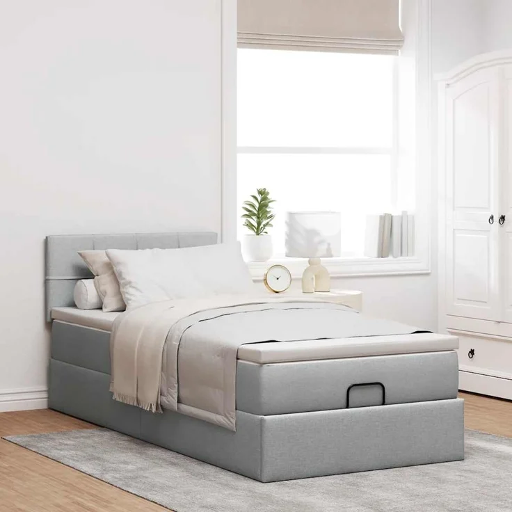 vidaXL Ottoman-Bett mit Matratze & LEDs Hellgrau 100x200 cm Stoff 3312284 – Bild 3