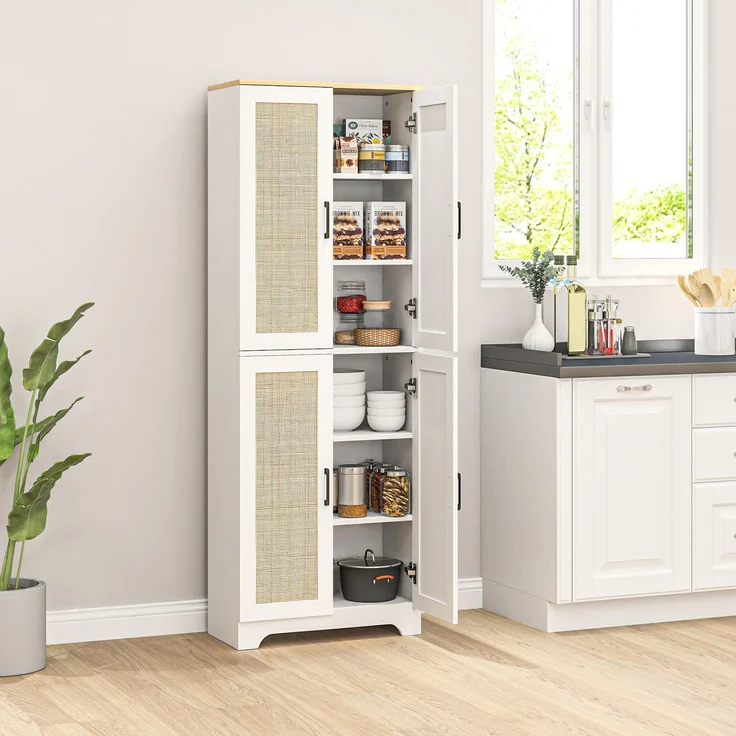 MELAYR, Küchenschrank mit verstellbaren Regalen, Rattantüren und Kippschutzsystem, 60 x 30 x 170 cm, Weiß – Bild 3