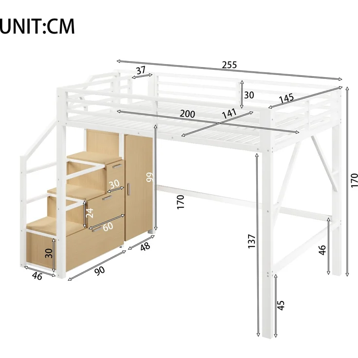 U-life Metall-Hochbett 140x200 cm mit Kleiderschrank, Staufächern, Treppe und LED-Beleuchtung, Weiß – Bild 10