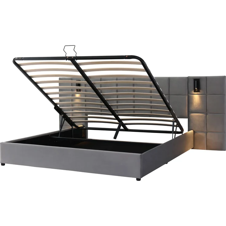 Polsterbett 160x200 cm mit Hydraulik, Leselicht & USB, Grau Samt, Karomuster – Bild 8