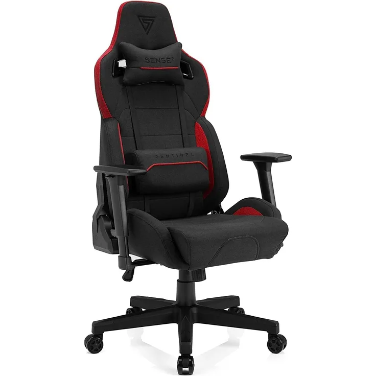 SENSE7 Gaming Stoff Sentinel Bürostuhl Zocker Gamer Ergonomischer Stuhl Armlehne Einteiliger Stahlrahmen Einstellbarer Neigungswinkel Schwarz-Rot, 40-48 x 72 x 59