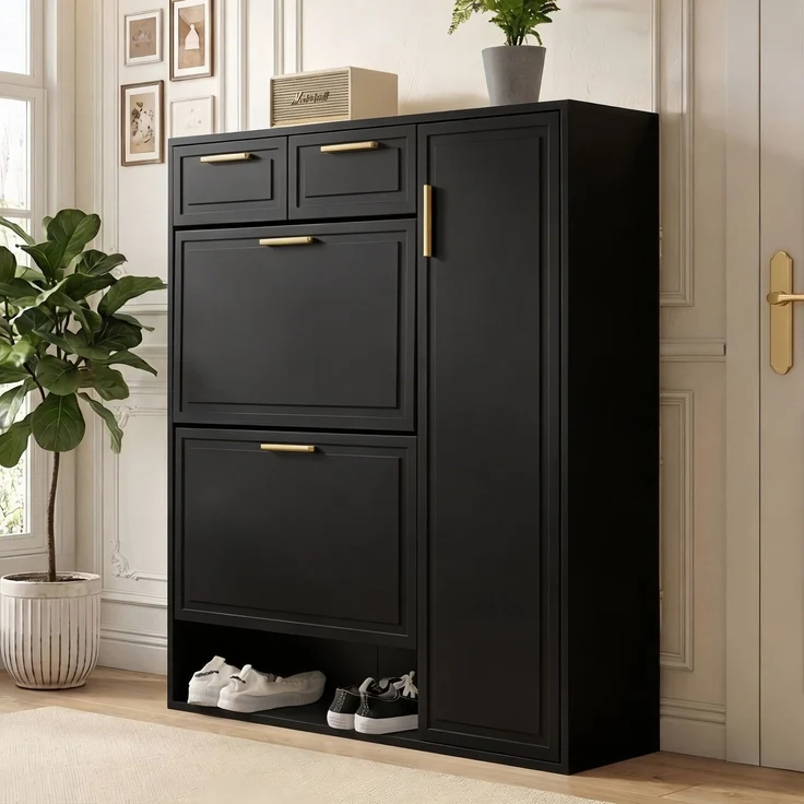 ZUBALIYA Schuhschrank (95 x 24 x 107 cm), 2 Schubladen, Verstellbare Einlegeböden, Stauraum für Flur und Eingangsbereich, Schwarz – Bild 1