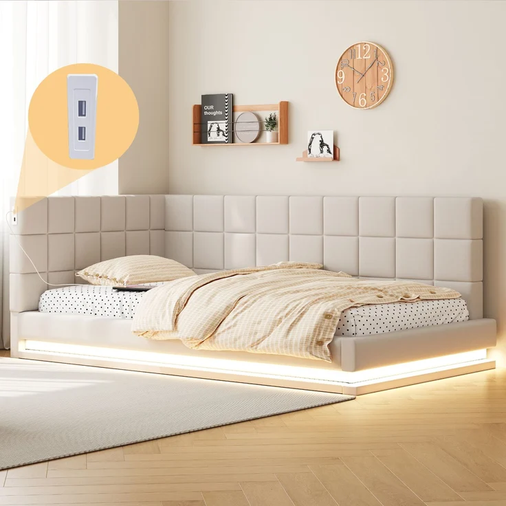 Merax Daybett Einzelbett Polsterbett 90x200cm mit USB & LED, Tagesbett Schlafsofa mit Lattenrost, Jugendbett Gästebett Funktionsbett, Samt, beige – Bild 5