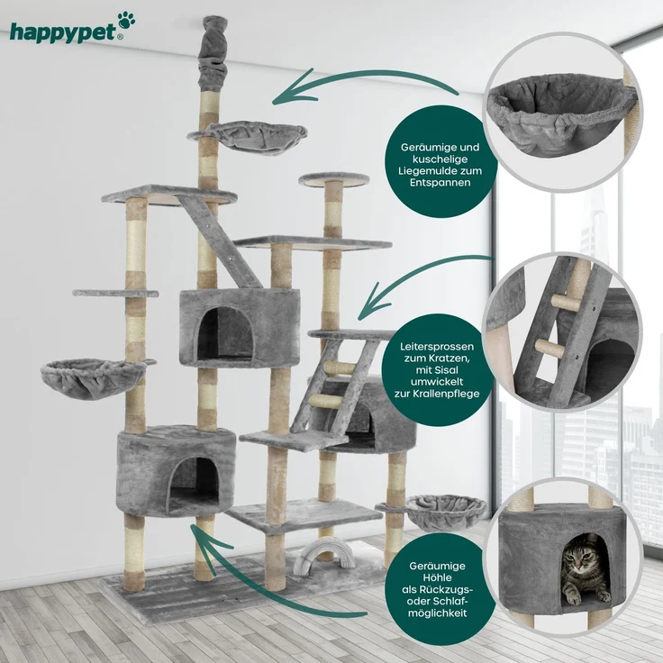 Happypet Kratzbaum SAM, Gesamthöhe bis 260 cm, Extra Breit, Deckenhoch mit viel Zubehör – Bild 3