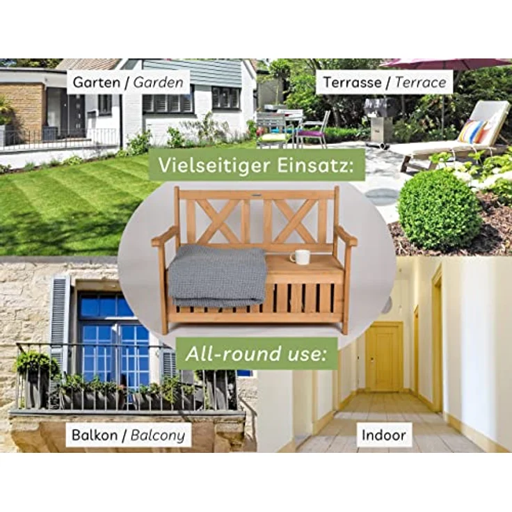 needs&wants Chesty3 Zoll Gartenbank Holz wetterfest, 2-Sitzer Truhenbank mit Stauraum, Dunkelbraun, Massivholz mit Abdeckung – Bild 8