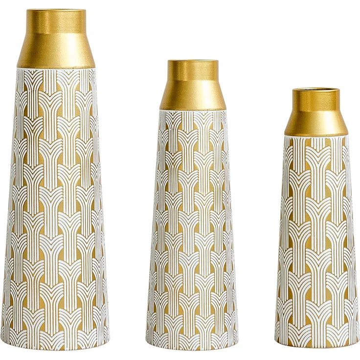 Goldene Bodenvase 3er Set, Moderne Metall Vase mit geometrischem Muster, 42/51/60,5 cm Groß Dekovase für Wohnzimmer, Esszimmer, Trockenblumen & Pampasgras--Gold--24.73x23.6x66.49cm--YOUDENOVA – Bild 1