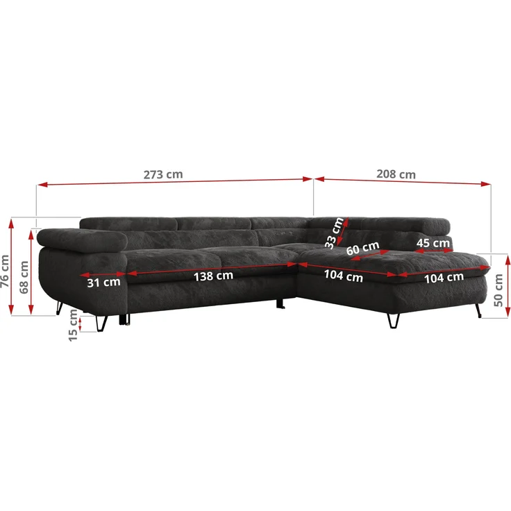 Ecksofa mit Bettfunktion, Modern Sofa, L-form, Einstellbare Kopfstützen, Bettkasten - PETER - Dunkelgrau Plüsch - links – Bild 7