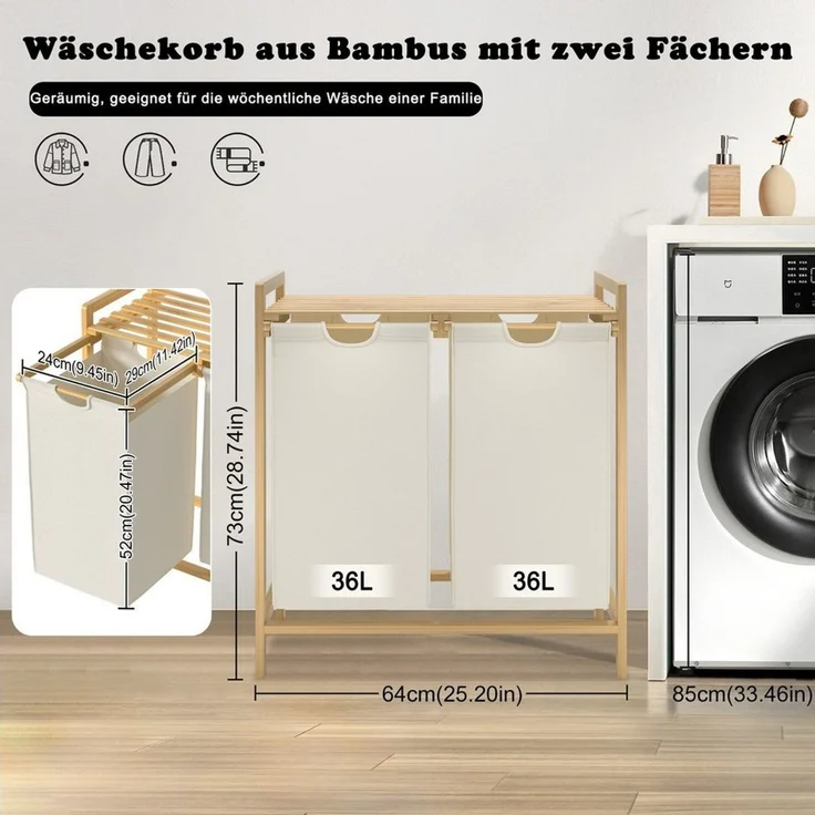 FIVMEN Wäschekorb Zweistöckiger Wäschekorb mit Einlegeböden, insgesamt 72 Liter, Wäschesortierer mit Bambus Oberem Rega und Griffen – Bild 4