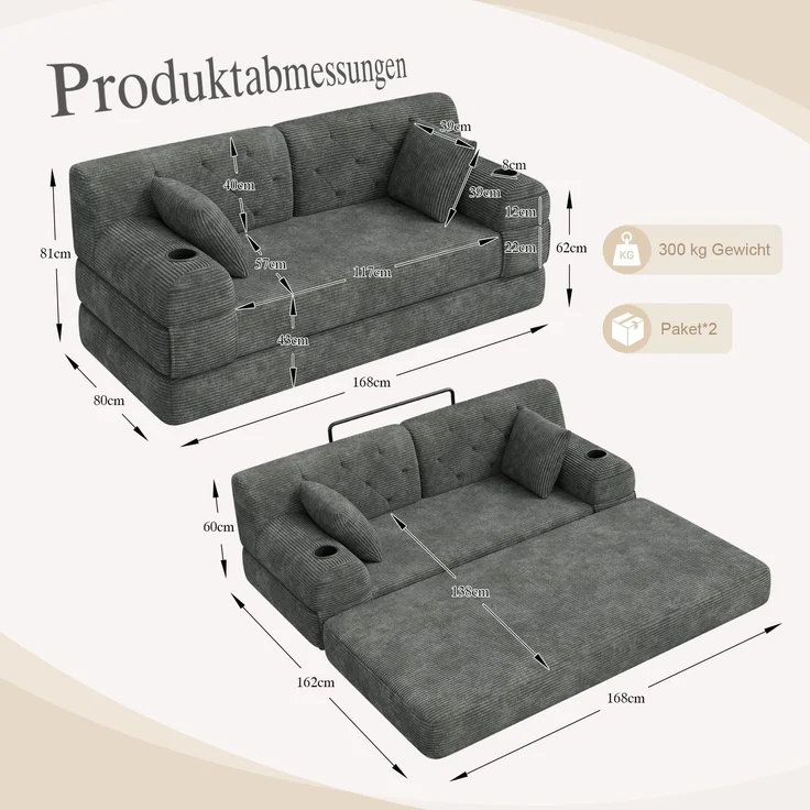 TavilaEcon 2-Sitzer Schlafsofa, komprimiertes Cord Sofa mit hoher Rückenlehne grau 81 × 80 × 168 cm (H × T × B) – Bild 2
