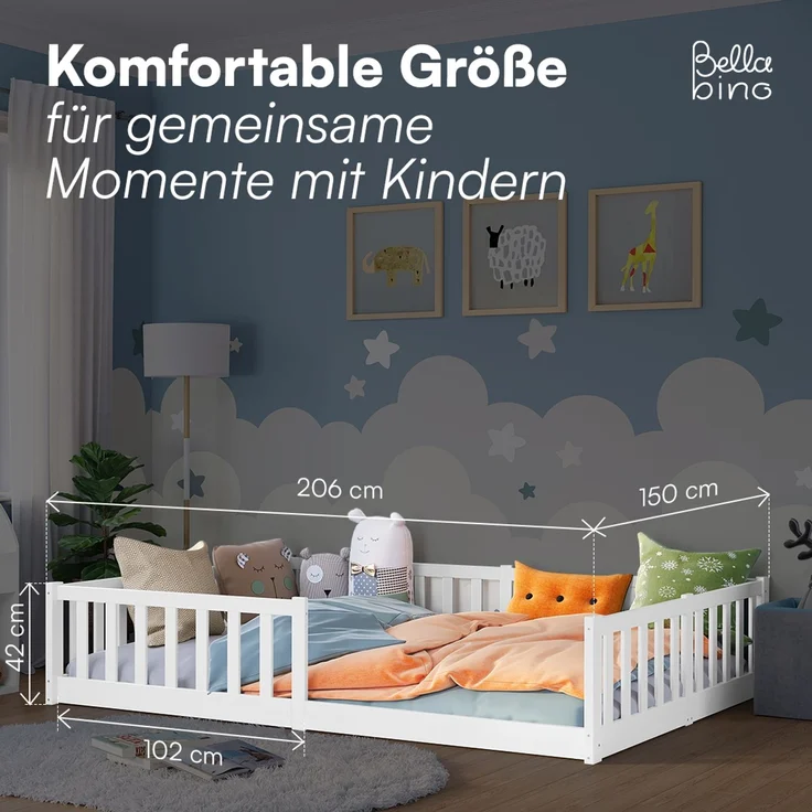 Bellabino 'Vere' Bodenbett 140x200 cm, weiß, Massivholz Kiefer, Montessori Kinderbett mit Rausfallschutz und Lattenrost – Bild 8