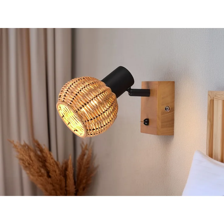 Wandstrahler TAVAR mit Schalter, Holz & Rattan Korbgeflecht, Breite 10,5cm