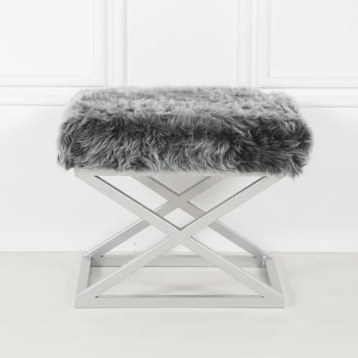 Atelier Del Sofa Stylish Pouffe with Metal Frame, 50 cm Width, 42 cm Height, 40 cm Depth | 100% Polyester Babyface Fabric in Silver & Grey | Perfect for Modern Living Spaces – Bild 1