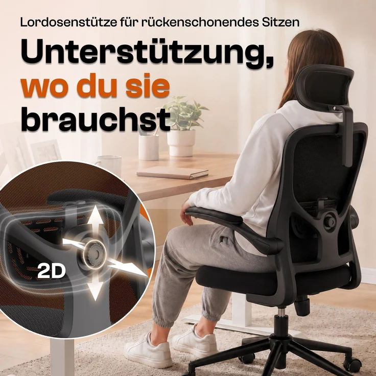 LUTIVO Charlie, ergonomischer Bürostuhl mit atmungsaktivem Mesh, Kopfstütze und Flip-Up Armlehnen, schwarz – Bild 4