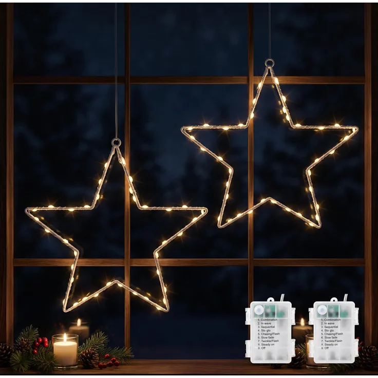 LEDYA Weihnachtsstern Fensterlichter aus Metall, 2 Stück, 40 LEDs, Warmweiß | Sternbeleuchtung batteriebetrieben, mit Fernbedienung, 8 Modi, Timer & Speicherfunktion, für Advents- & Weihnachtsdeko