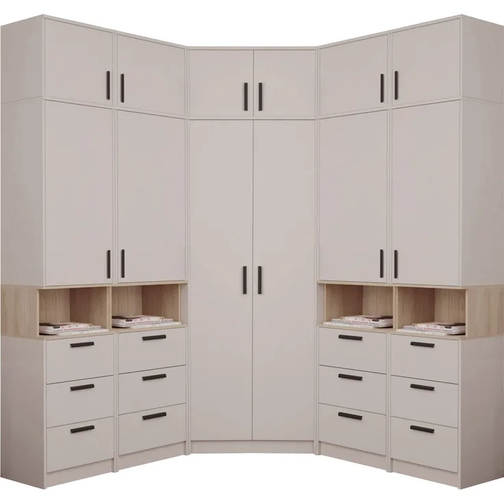 Marmex Möbel Grant Set-33C Hohe Schrankkombination, Eck-Schrankset mit Aufsatz, Standregale mit Aufsatz, hoher Eckschrank, laminierte Spanplatte, graubeige cashmere+cremona torro 195/195x235x40 cm