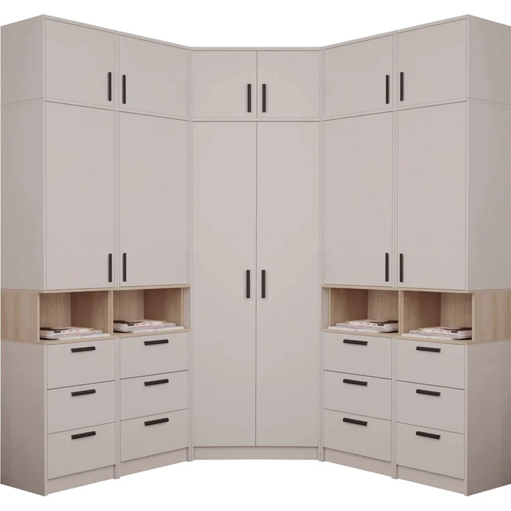 Marmex Möbel Grant Set-33C Hohe Schrankkombination, Eck-Schrankset mit Aufsatz, Standregale mit Aufsatz, hoher Eckschrank, laminierte Spanplatte, graubeige cashmere+cremona torro 195/195x235x40 cm – Bild 1