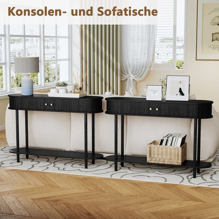 HOLTICO Konsolentisch mit Schiebetüren & Stauraumschrank, Schmaler Sofatisch, Eingangstisch (1-St), Sideboard-Tisch für Wohnzimmer, Flur, Schlafzimmer – Bild 4