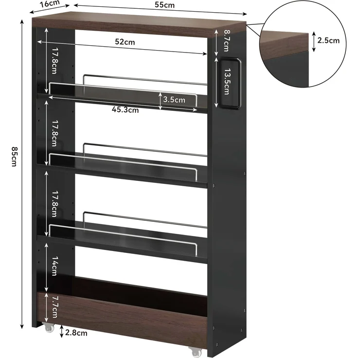 ZUBALIYA Nischenwagen 55 x 16 x 85 cm – 4 verstellbare Fachböden, 4 Lenkrollen, 25 mm Oberplatte, Geländer, MDF, Schwarz, Braun – Bild 5