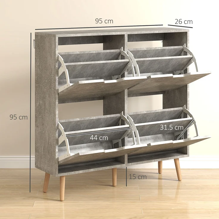 Mobiler Schuhschrank mit 4 klappbaren Schubladen auf 2 Ebenen für 16 Paar Schuhe, aus Holz, 95 x 26 x 95 cm, grau – Bild 5