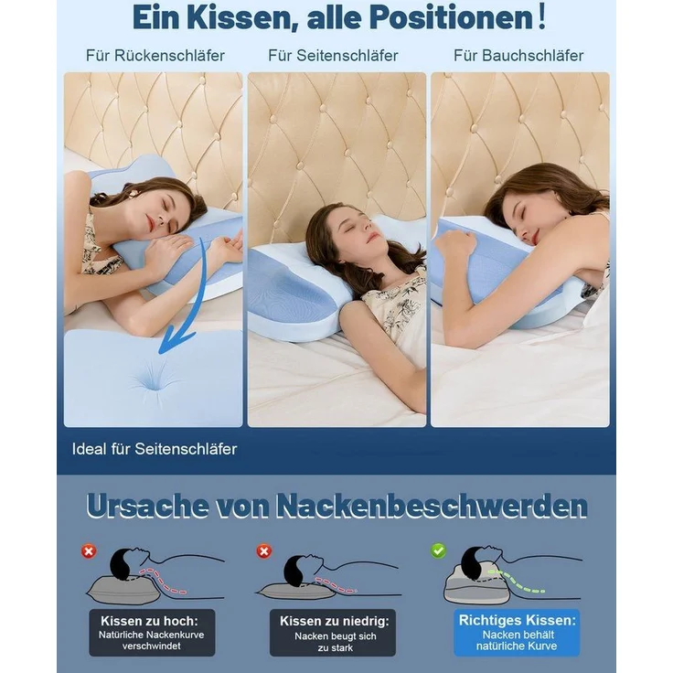 Esun Kopfkissen Nackenkissen, Memory Foam Kissen, Ergonomisches Nackenschmerzen Pillow, Füllung: Kissenbezug besteht aus 18% Elasthan und 82% Nylon, Seitenschlafer, Rückenschlafer, Bauchschlafer, Set, Schlafkissen, Eisseidenstoff, atmungsaktiv und weic... – Bild 3