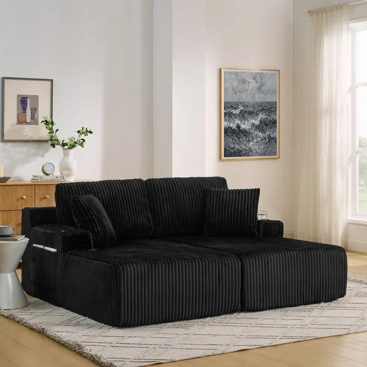 Schaumsofa Zwillinge aus Kordstoff mit Seitentasche & Getränkehalter, rahmenlos, schwarz