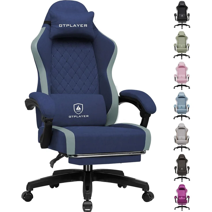 GTPLAYER Gaming Stuhl Ergonomischer, PC Stuhl Atmungsaktiver Stoff, Groß und Hoch Drehbarer Schreibtischstuhl mit Fußstütze,Verstellbare Lendenwirbelstütze und Kopfstütze,Blau – Bild 1