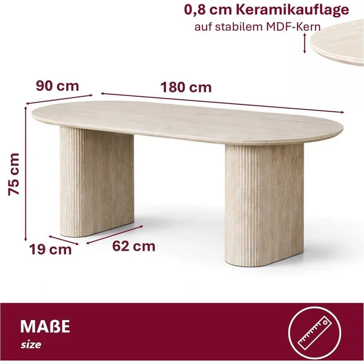 HOOZ Wohnzimmertisch Esstisch oval modern Keramikplatte Traventin-Optik Säule Mond 180x90cm (Set, 1× Esstisch), Keramik-Tischplatte, verschiedene Varianten, pflegeleicht & stabil – Bild 4