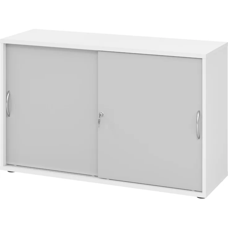 bümö Schiebetürenschrank 2OH - Aktenschrank abschließbar, Sideboard Schrank mit Schiebetüren in Weiß/Grau, Bogengriff - Büroschrank aus Holz mit Schiebetür, Büro Kommode für Ordner & Co, 1752S-W-5-BM