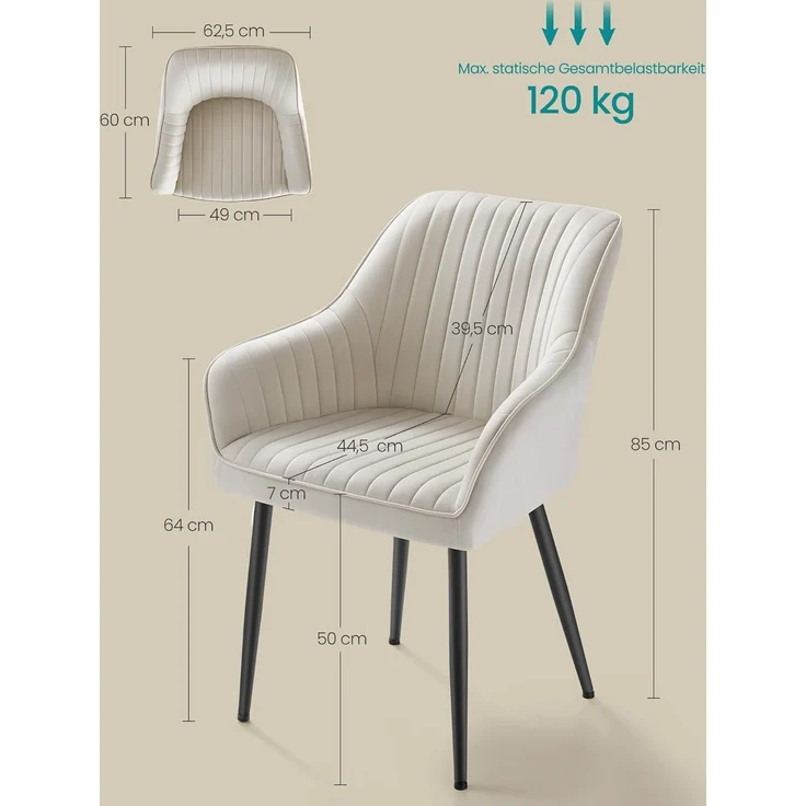 SONGMICS Esszimmerstuhl mit Armlehnen, 4er Set, Samt, 62,5 x 60 x 85 cm, Cappuccinobeige – Bild 3