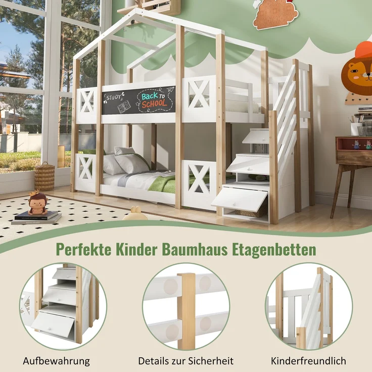 Etagenbett 90 x 200 cm,Kinderbett Baumhaus mit Treppe Stauraum und Rausfallschutz, Hochbett für Kinder– 2x Lattenrost- Natur & Weiß – Bild 7