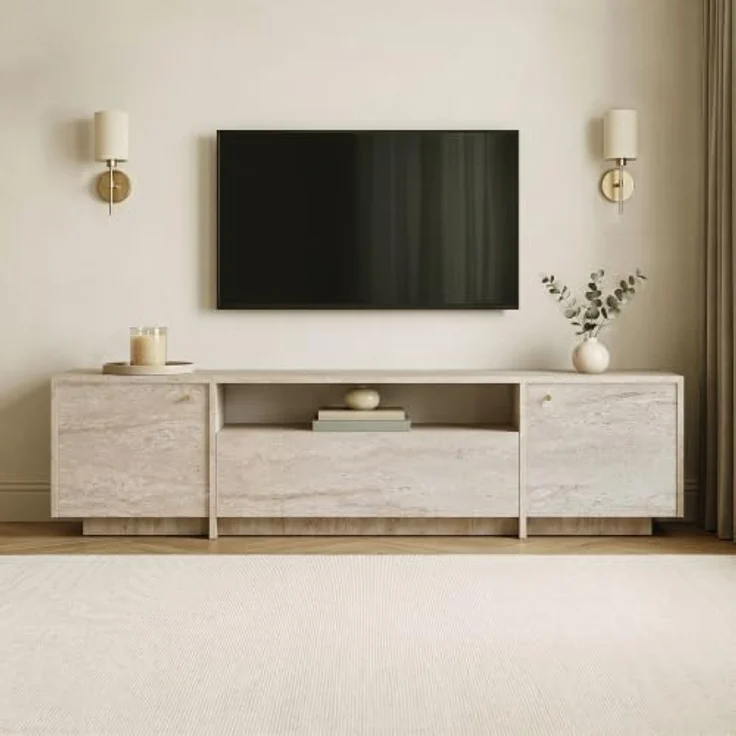 Hanah Home Stilvoller TV-Ständer, Travertin-Optik, 180 x 46 x 35 cm | 100% melaminbeschichtete Spanplatte, Eisengriff | Modernes Design fürs Wohnzimmer – Bild 3