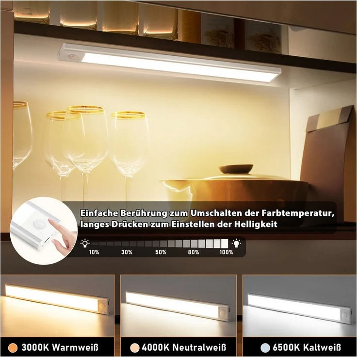 Nettlife LED Unterbauleuchte mit Bewegungsmelder 20/30/40CM Küche Schrankbeleuchtung Dimmbar USB, Dimmbar, LED fest integriert, 3 Farbtemperatur Aufladbar Schrankleuchte für Flur Cabinet – Bild 1