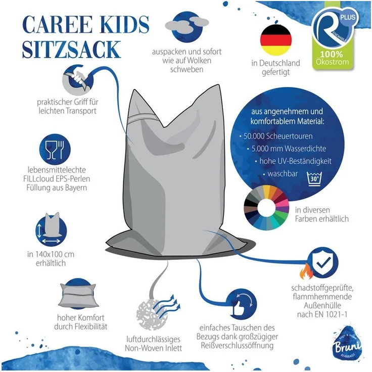 Bruni Sitzsack für Kinder Caree Kids mit abnehmbarem Bezug, rechteckiger Kinder-Sitzsack mit 140x100 cm - indoor & outdoor – Bild 2