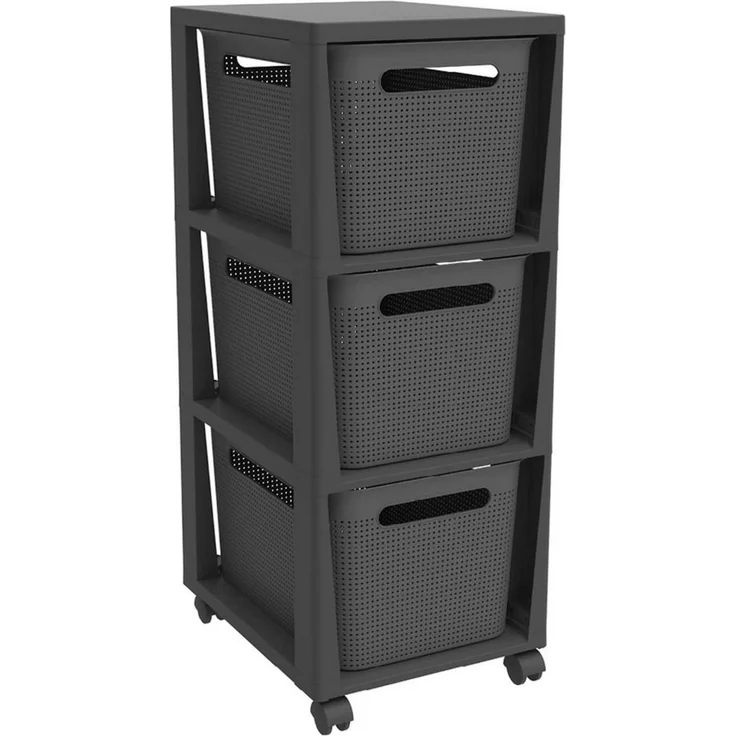 Rotho Brisen Rollcontainer auf Rädern mit 3 Aufbewahrungskörben 3x 16L Schubladen Schubladen-Box Lochmuster-Optik Aufbewahrungsbox aus Kunststoff 36,6 x 29,6 x 77 cm (Anthrazit) – Bild 5