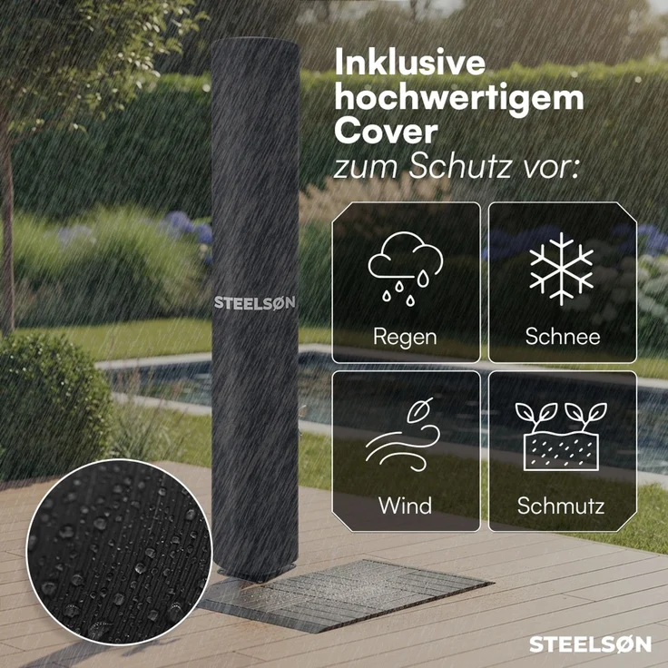 STEELSØN 'Xypher' Solardusche 60L, hexagon, schwarz, warmes Wasser bis 60°C, schwankender Regenduschkopf und Wasserhahn, Gartendusche inkl. Kunststoffboden und Schutzhaube – Bild 6
